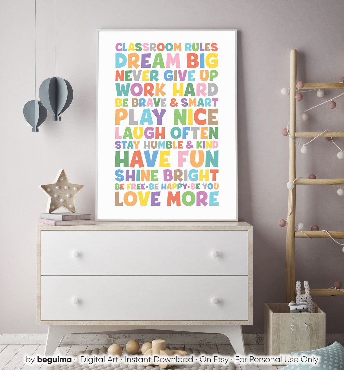 Classroom Rules Dream Big Never Give Up Colorful Kids Poster - Image 2
