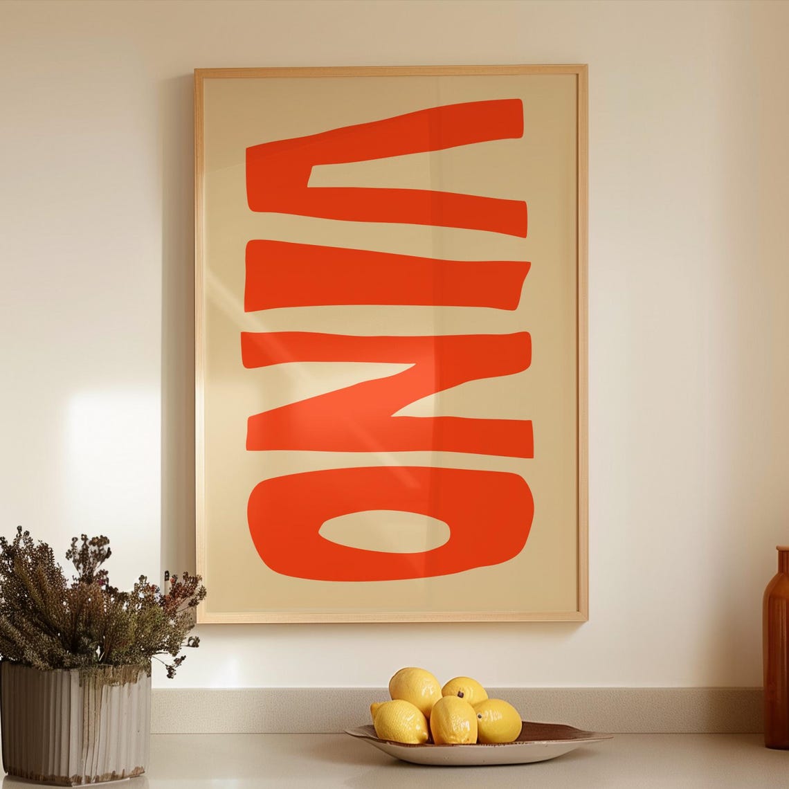 Vino Bold Red Typography Wine Kitchen Retro Mid Century Print
