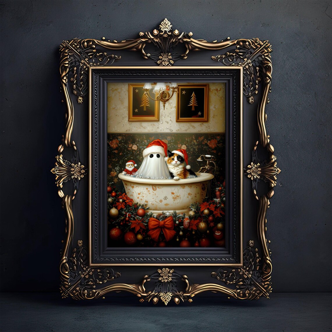Ghost And Calico Cat Christmas Poster, Whimsical Decor