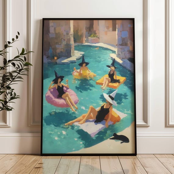 Witch Pool Party Poster, Spooky Cute Halloween Print