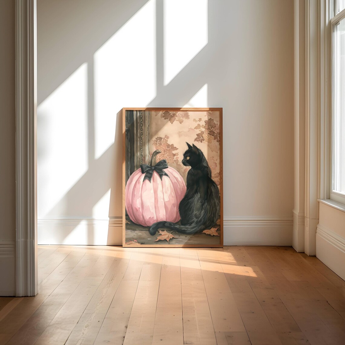 Coquette Black Cat and Pink Pumpkin Whimsigoth Art Print - Image 5