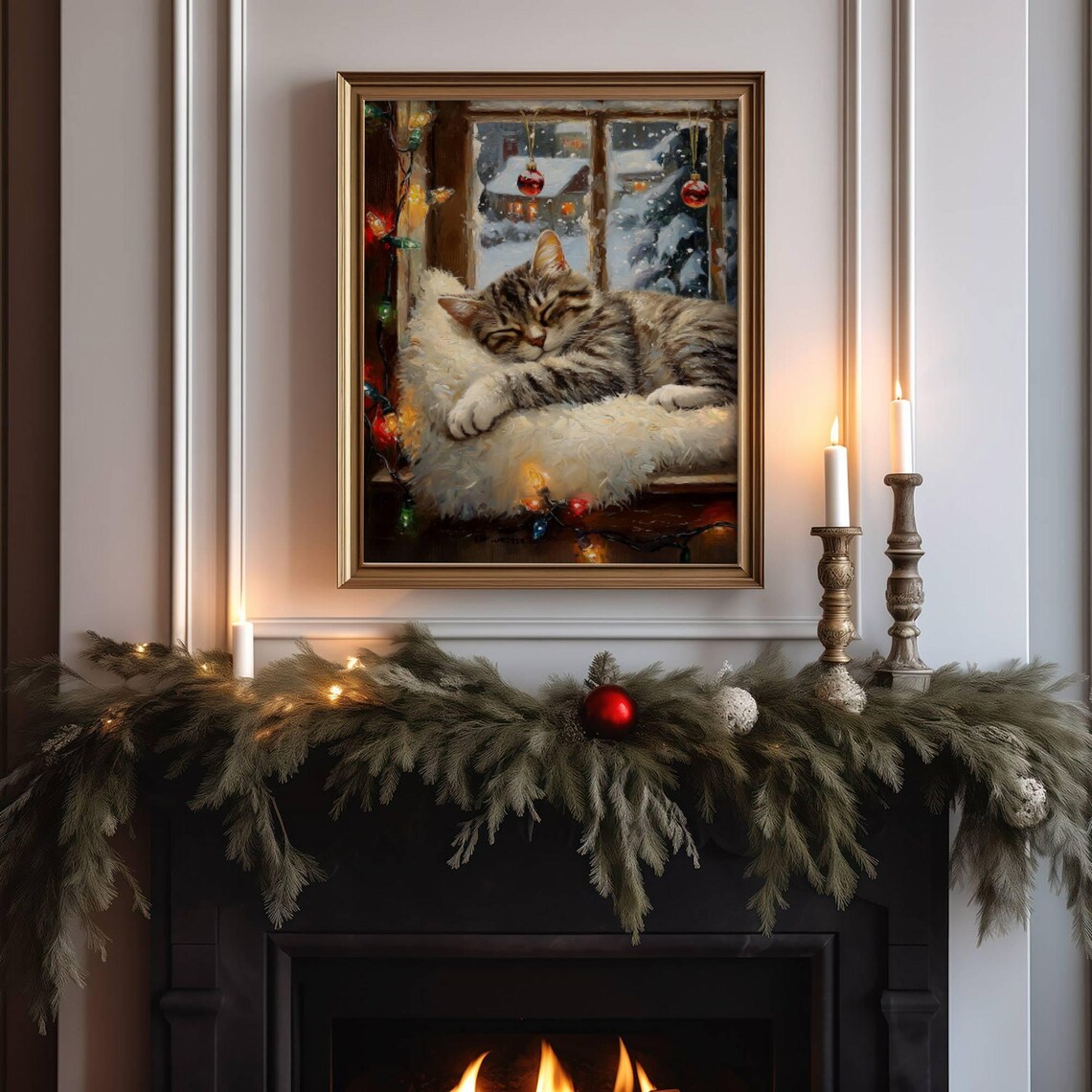 Gray Tabby Cat Christmas Poster, Festive Holiday Decor - Image 5