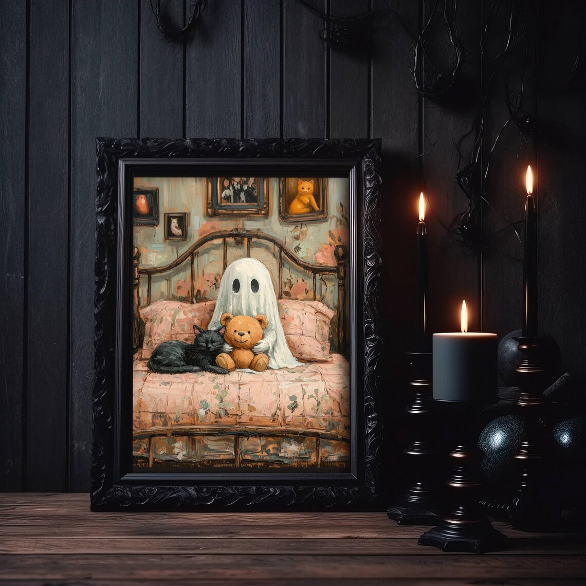 Cute Little Ghost Cuddling a Teddy Bear and Black Cat on a Vintage Bed Poster - Image 3