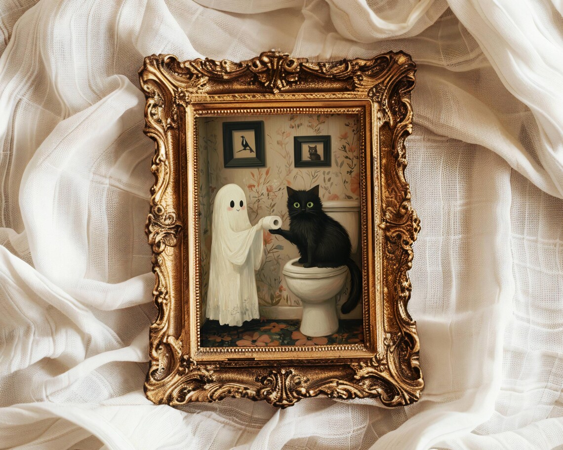 Ghost Handing Toilet Paper to a Black Cat on a Toilet Poster - Image 2