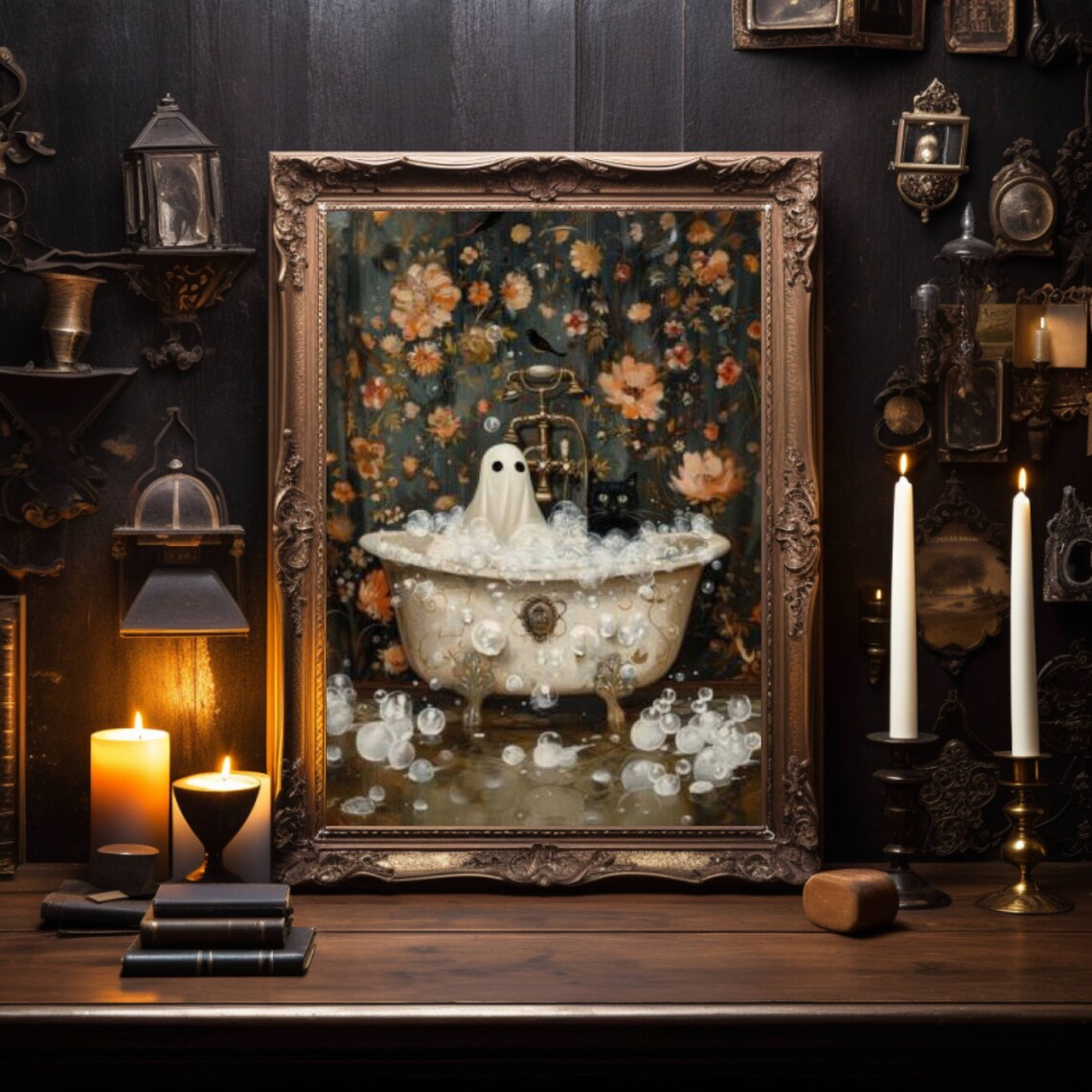 Ghost And Cat In Bathtub Bathroom Wall Art Print - Image 4