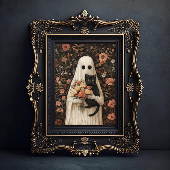 Ghost And Black Cat With Rose Bouquet, Whimsigoth Poster