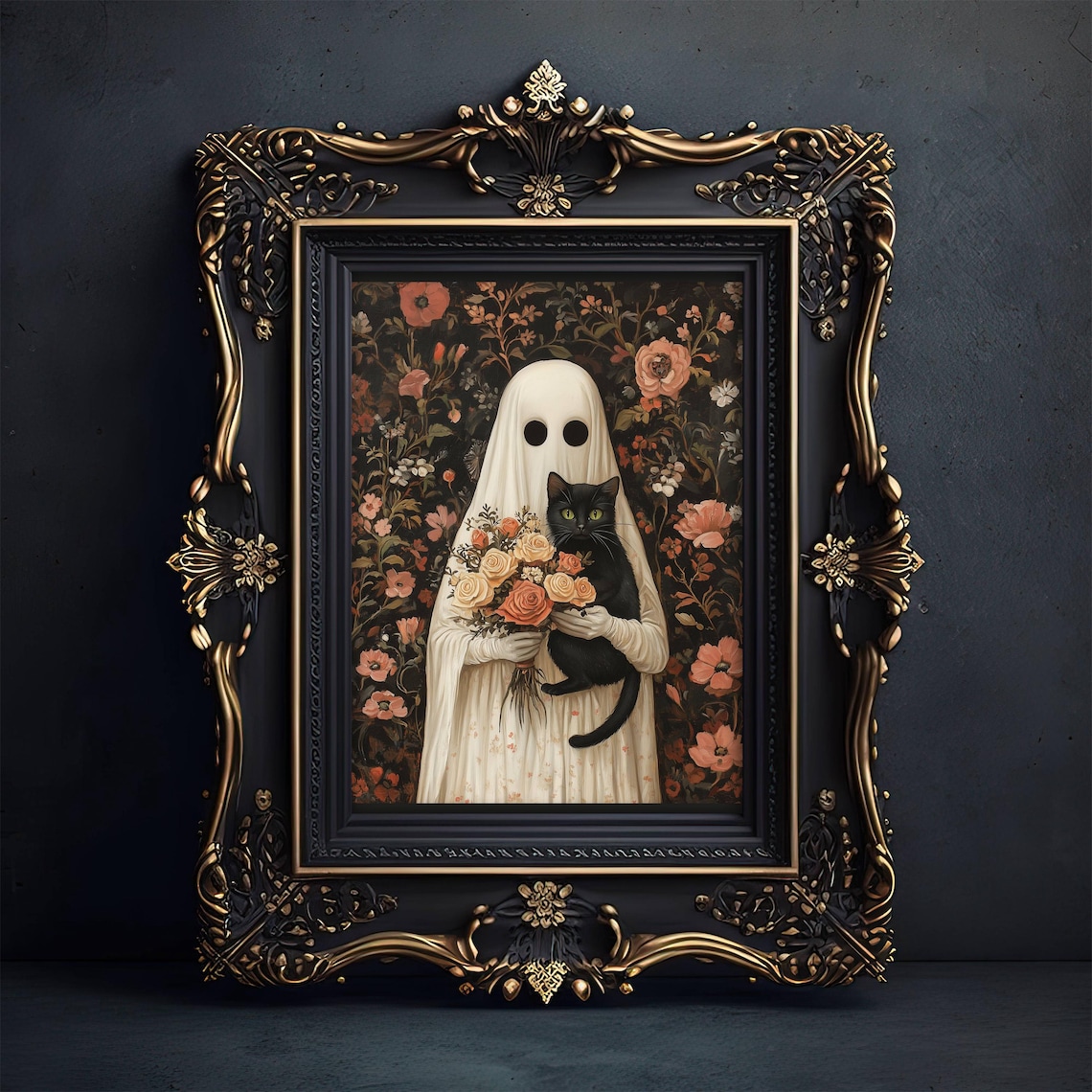 Ghost And Black Cat With Rose Bouquet, Whimsigoth Poster