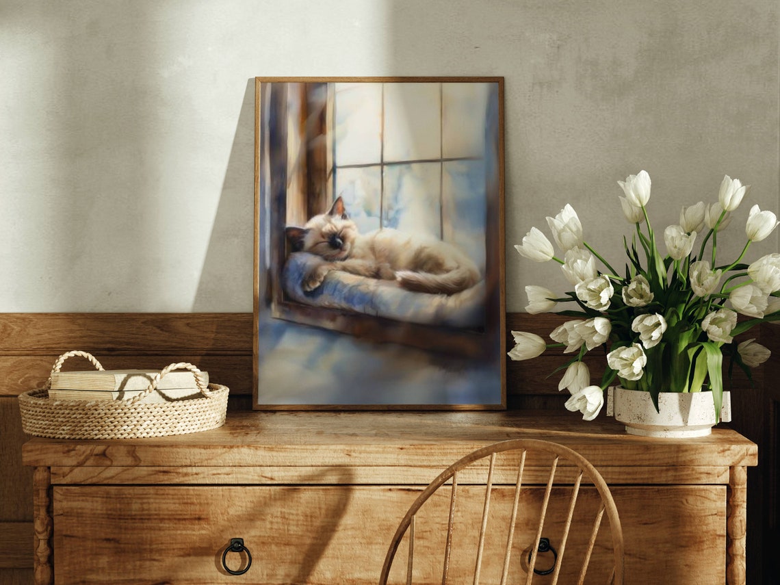 Sleeping Siamese Kitten In A Sunlit Window Watercolor Poster - Image 4