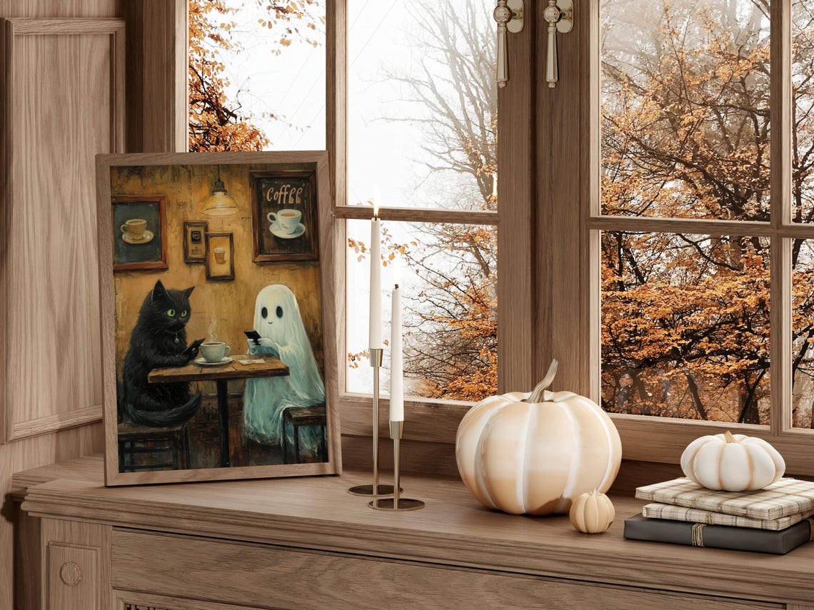 Black Cat and Ghost on Phones Over Coffee at a Cozy Cafe Poster - Image 7