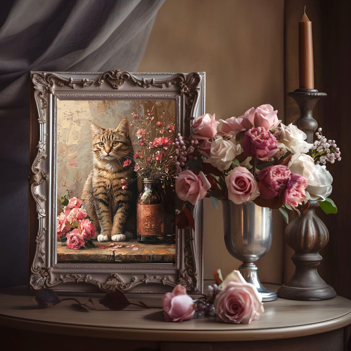 Regal Tabby Cat Sitting Gracefully Among Pink Roses and a Vintage Bottle Poster - Image 7