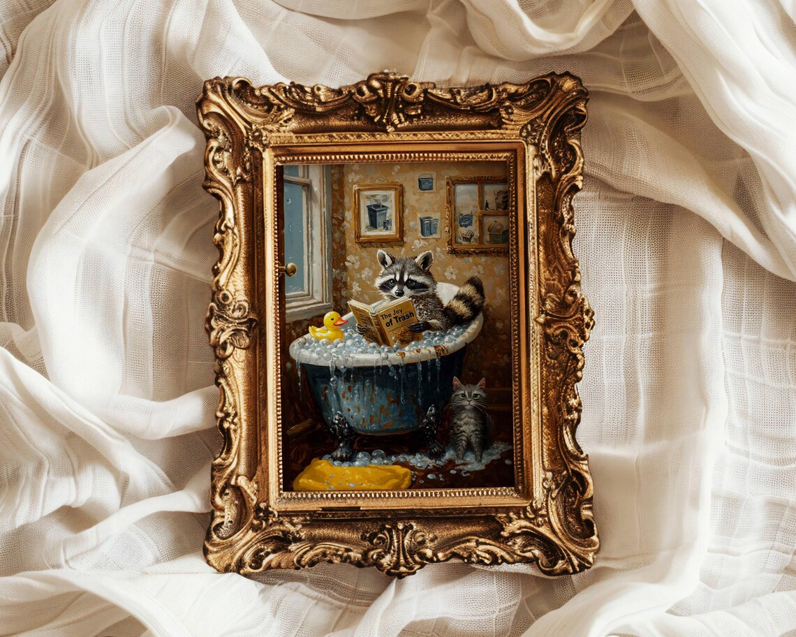 Raccoon Reading in Bathtub Funny Bathroom Wall Art - Image 2