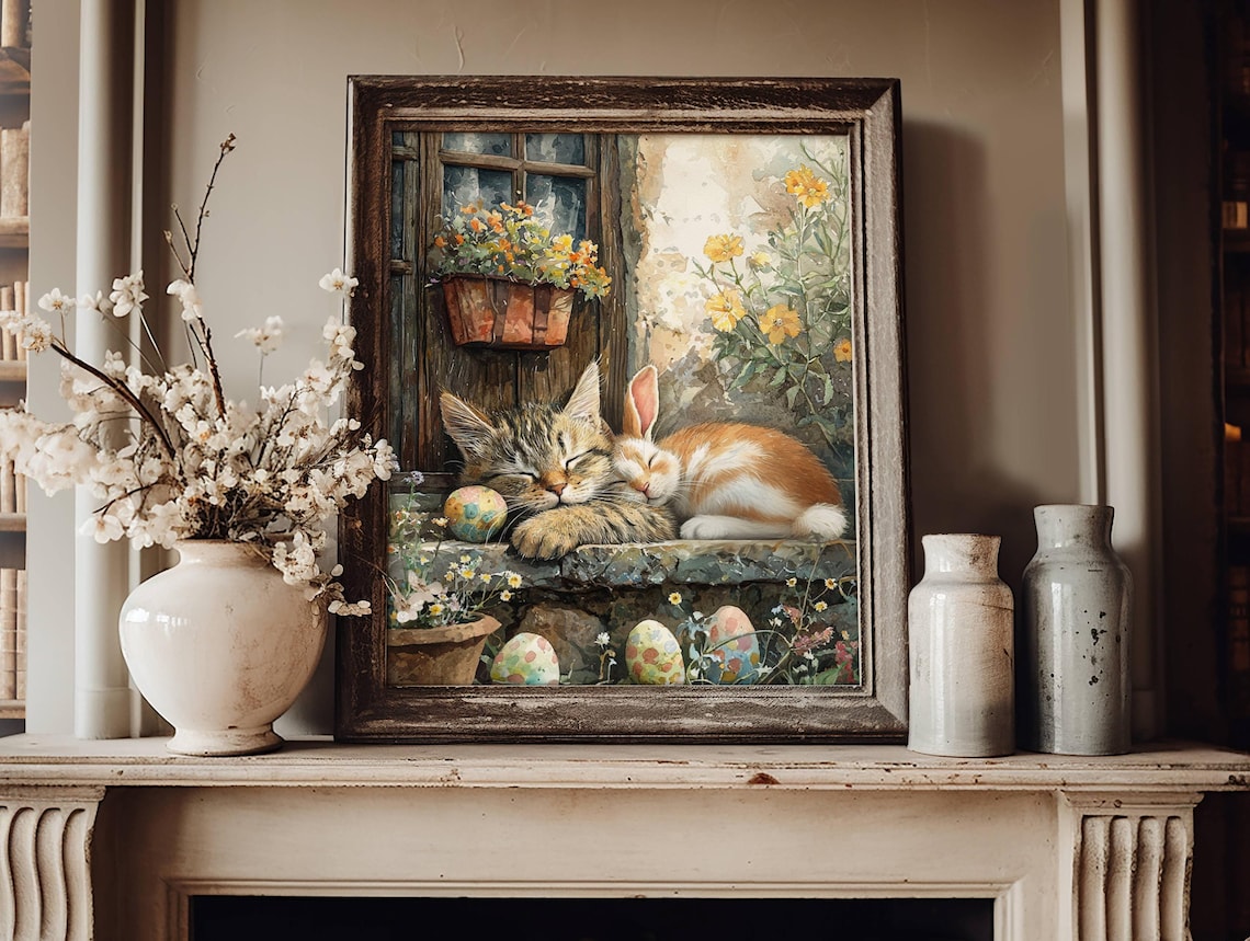 Easter Sleeping Tabby Cat and Bunny Art Print - Image 3