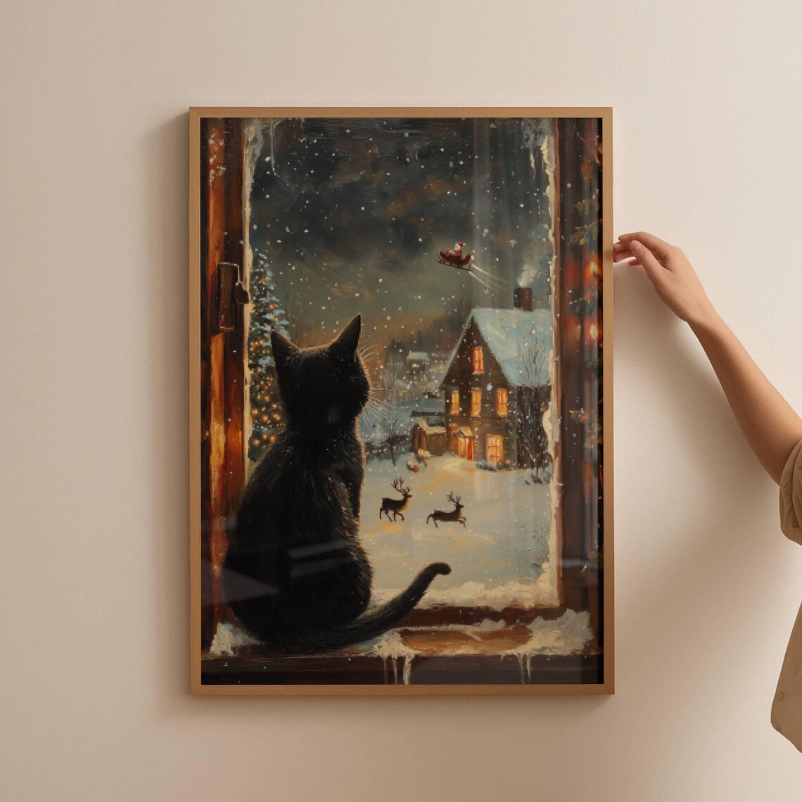 Black Cat Watching Santa Claus Christmas Poster - Image 2