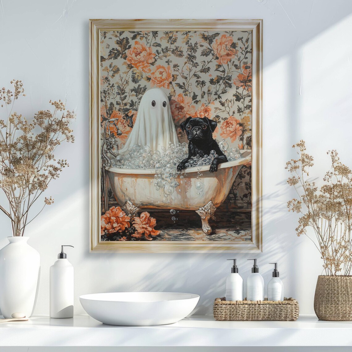 Ghost and Black Pug Bathtub Halloween Art Print - Image 7
