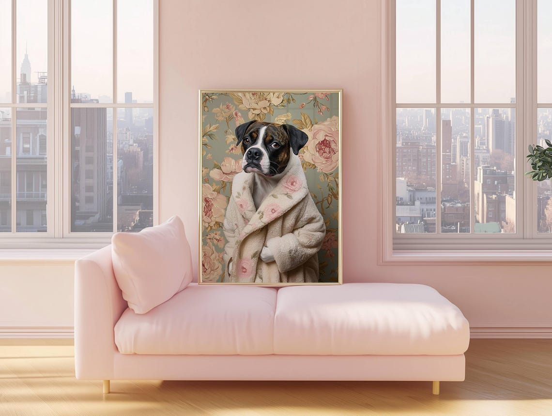 Boxer Dog Wearing a Cozy Floral Bathrobe Funny Dog Portrait Poster - Image 2