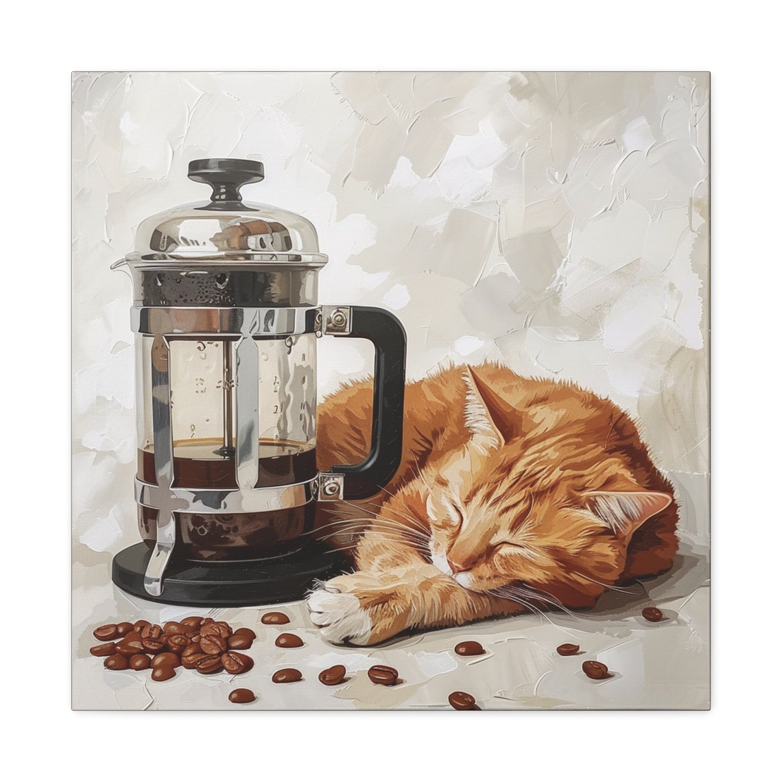 Sleeping Orange Tabby Cat Beside Glass French Press Coffee Poster - Image 2