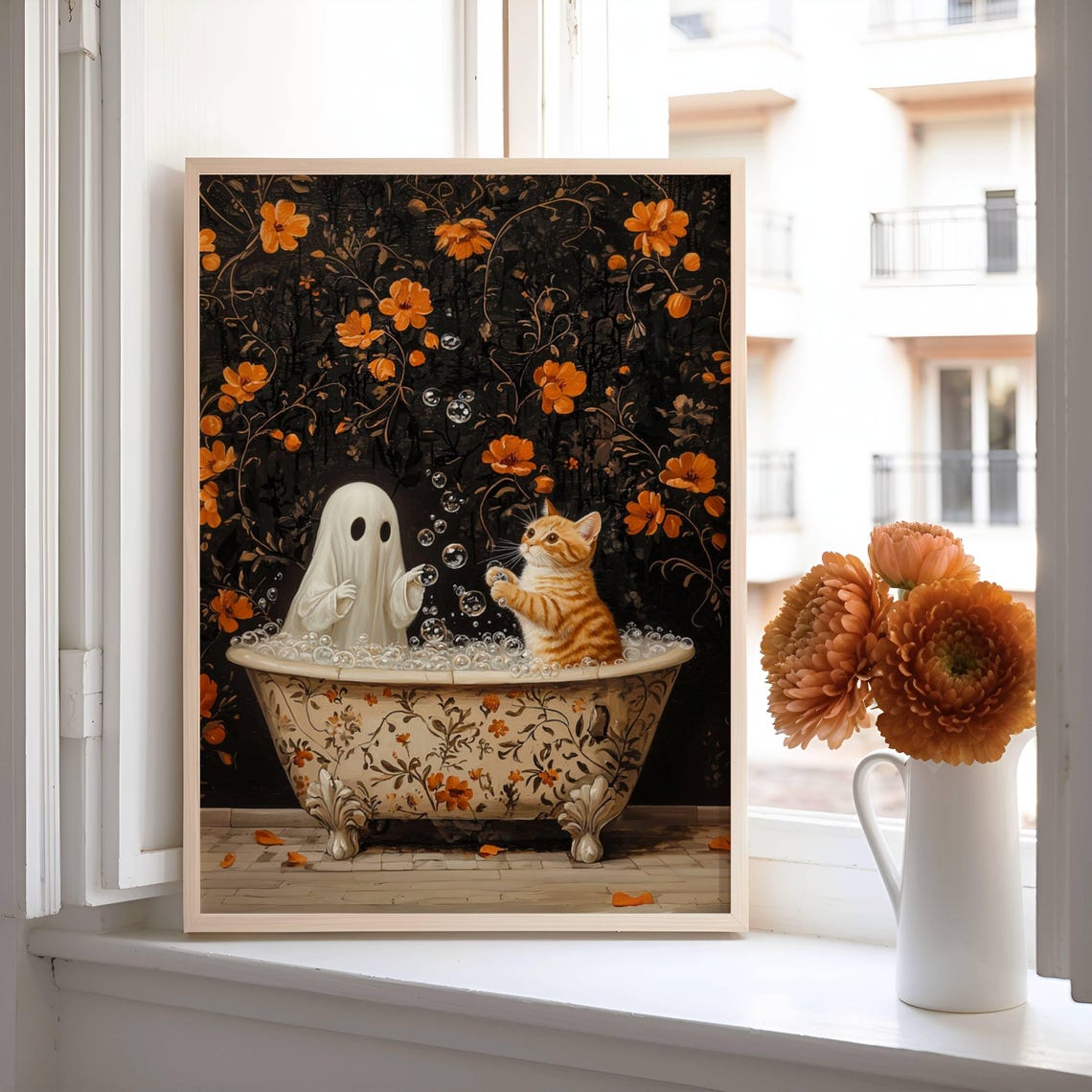 Ghost and Orange Cat Bubble Bath Dark Floral Halloween Poster