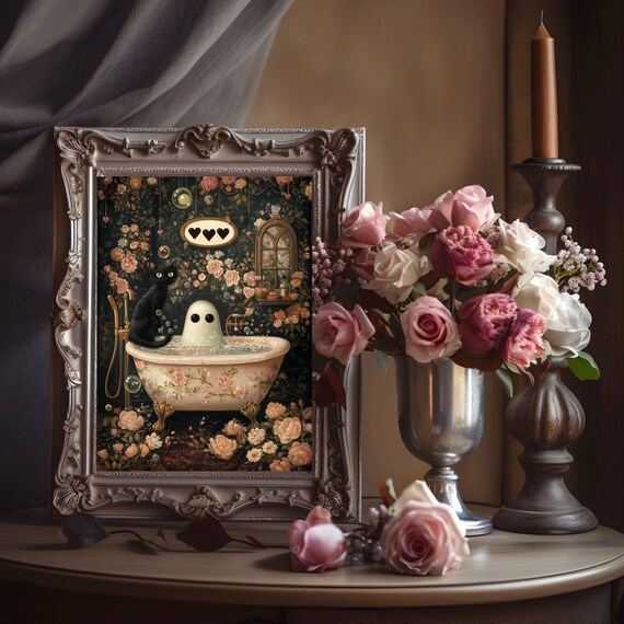 Cute Ghost and Black Cat Soaking in a Rose-Patterned Bubble Bath Poster