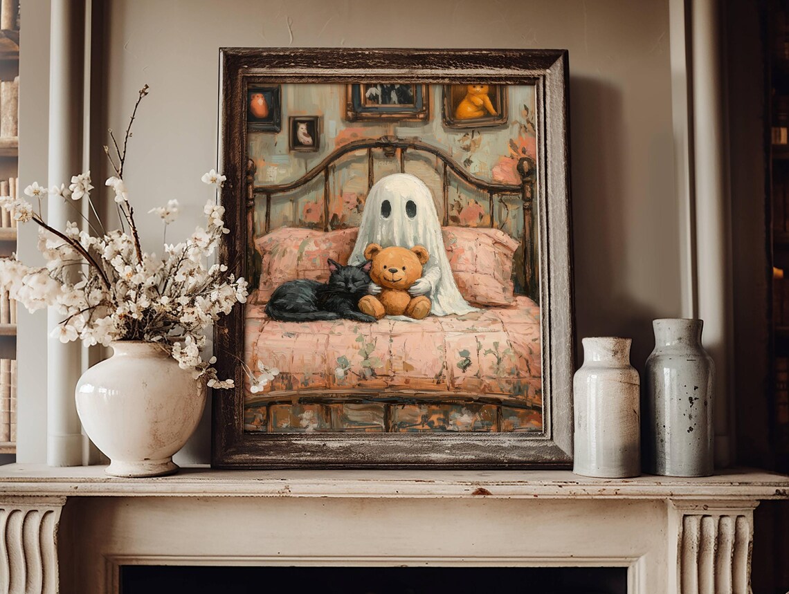 Cute Little Ghost Cuddling a Teddy Bear and Black Cat on a Vintage Bed Poster - Image 5