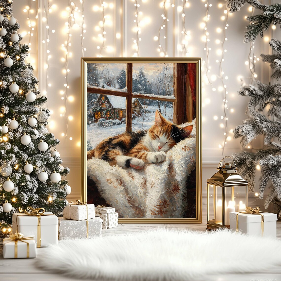 Calico Cat Farmhouse Christmas Poster, Rustic Holiday Print - Image 3