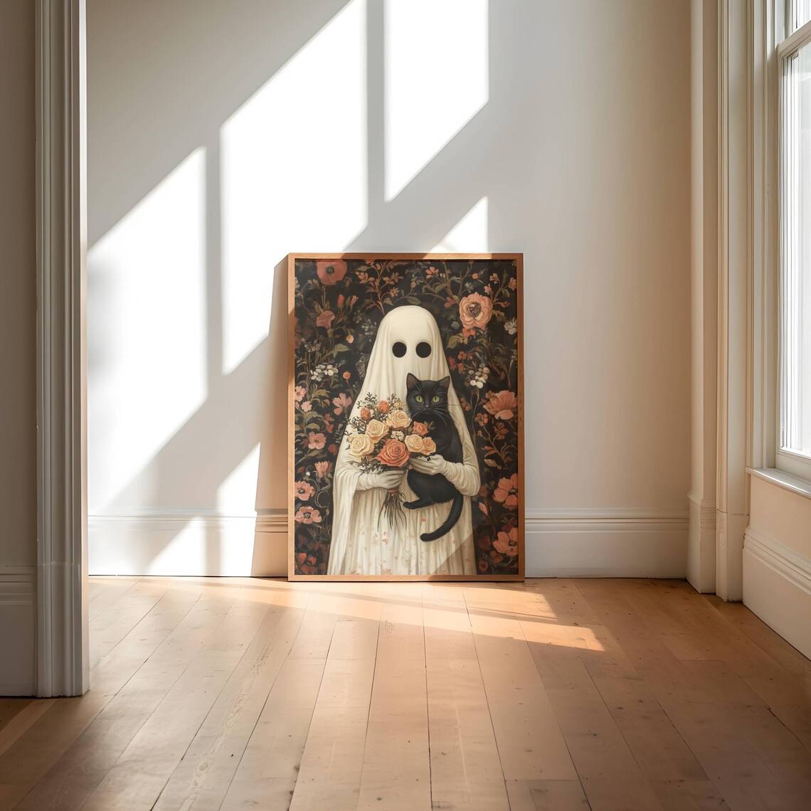 Ghost And Black Cat With Rose Bouquet, Whimsigoth Poster - Image 2