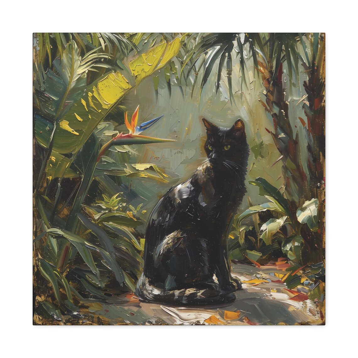 Black Cat in Tropical Garden Bird of Paradise Feline Oil Painting Poster - Image 2