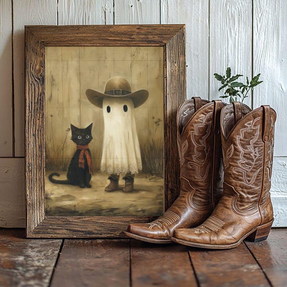 Cowboy And Black Cat Poster Halloween Art Cute Spooky Print Western Wall Unframed