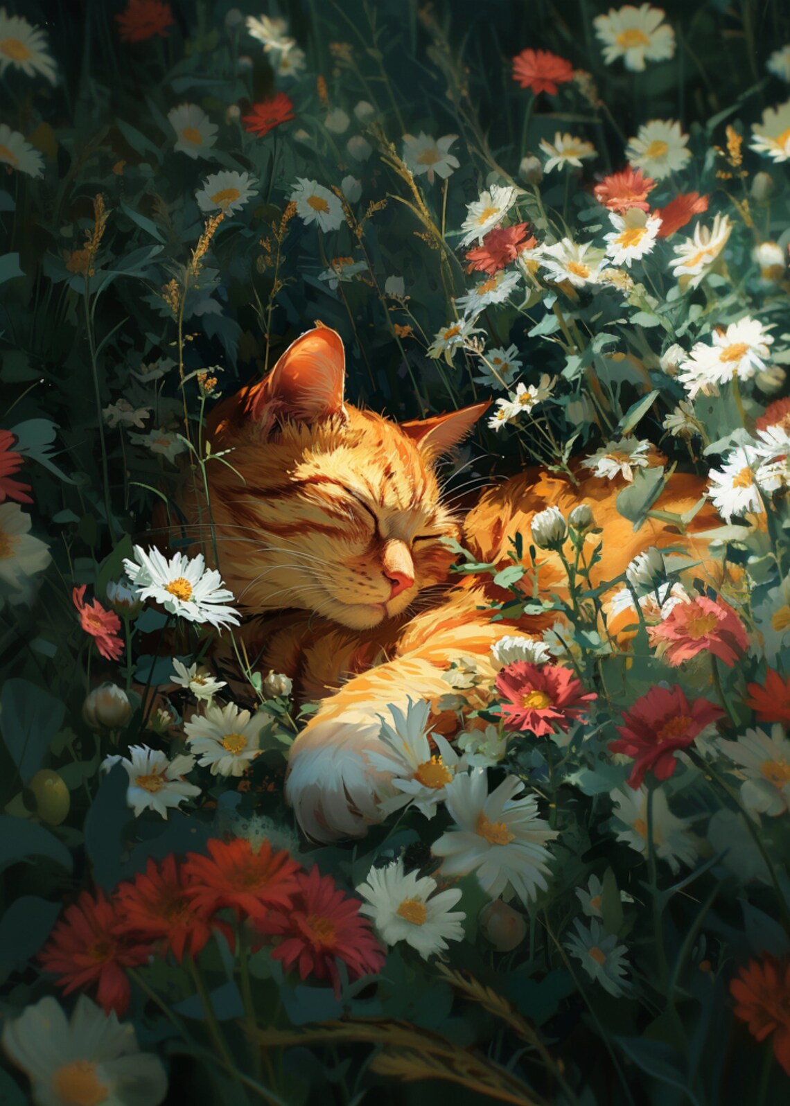 Orange Cat Sleeping in Meadow of Daisies and Red Wildflowers Poster - Image 3