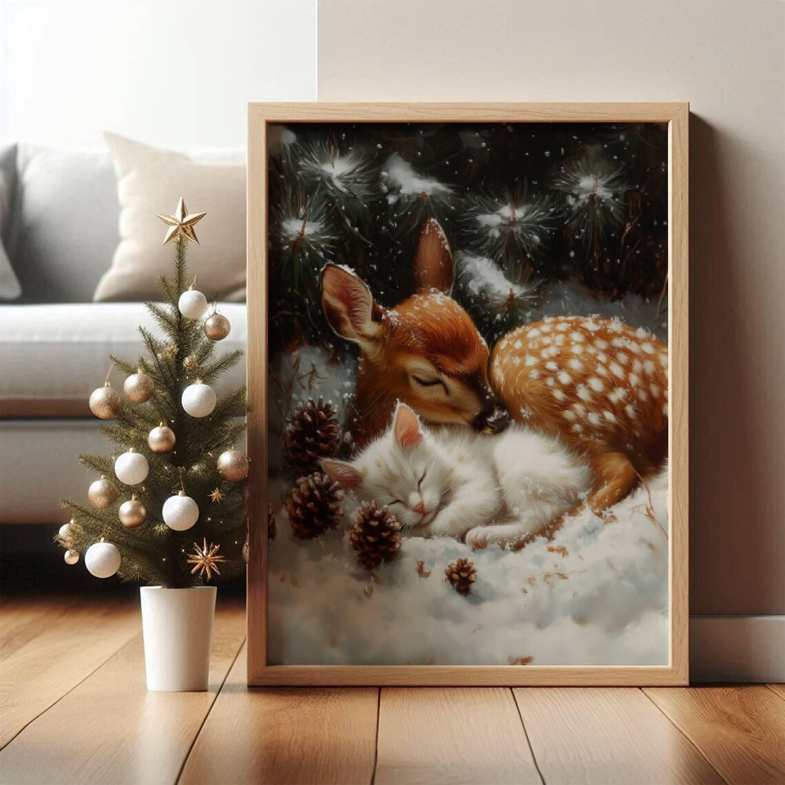 Fawn And White Cat Christmas Art Print, Holiday Decor - Image 5
