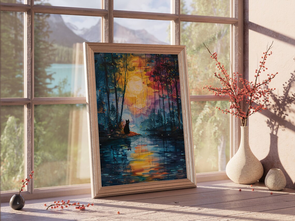 Black Cat Forest Cat Art Print, Woodland Decor - Image 3
