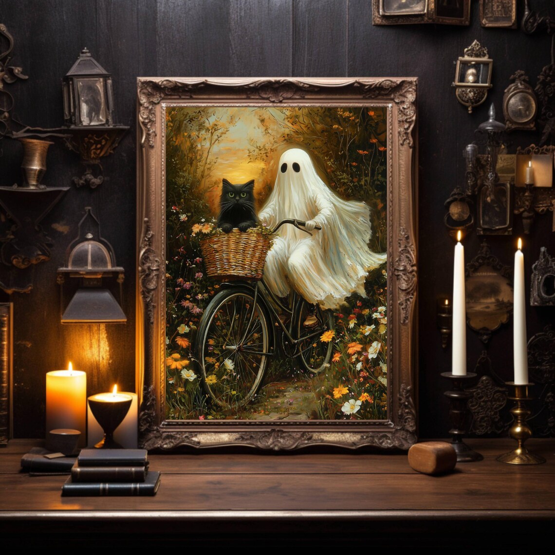 Ghost Riding a Bike With Cat, Whimsigoth Halloween Art Print - Image 6