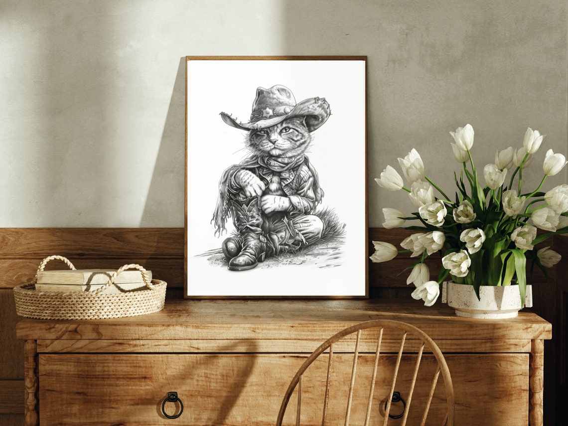 Tabby Cat Cowboy in Black and White Western Pencil Sketch Art Poster - Image 2