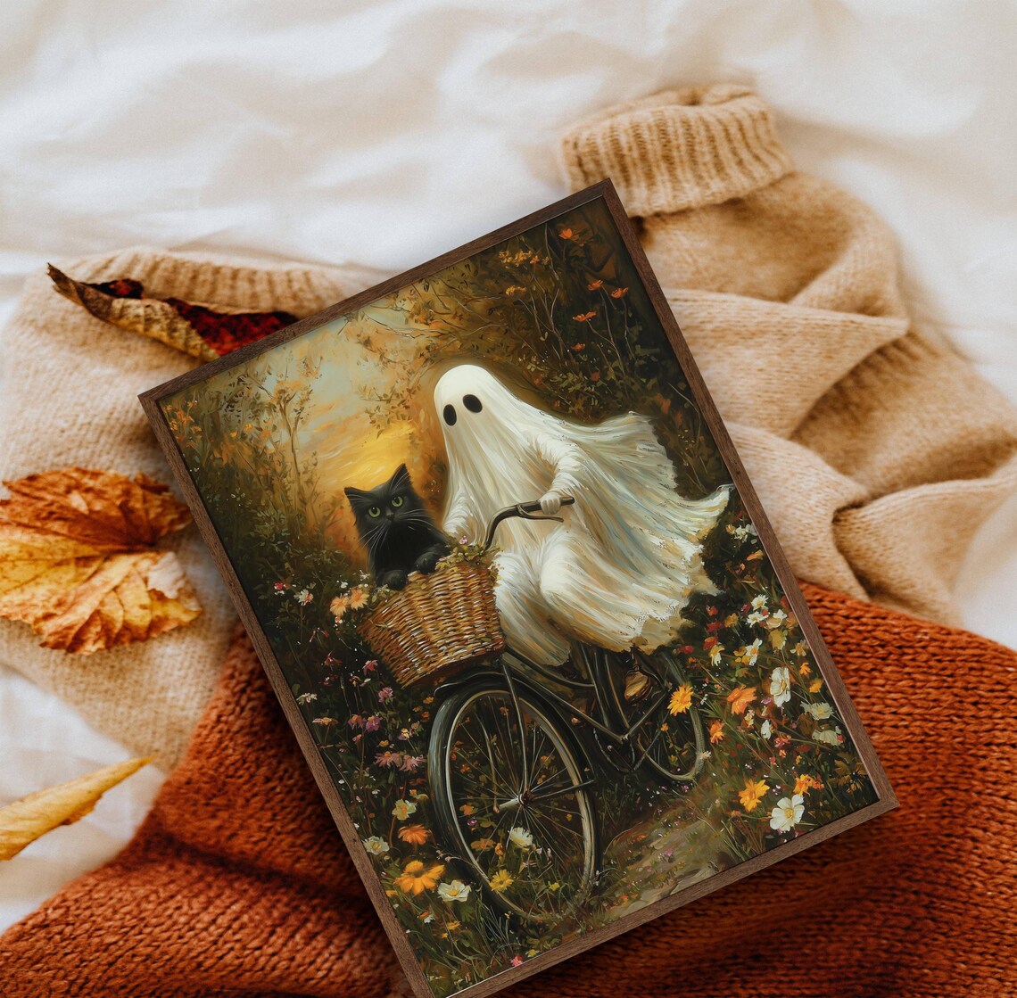 Ghost Riding a Bike With Cat, Whimsigoth Halloween Art Print - Image 4