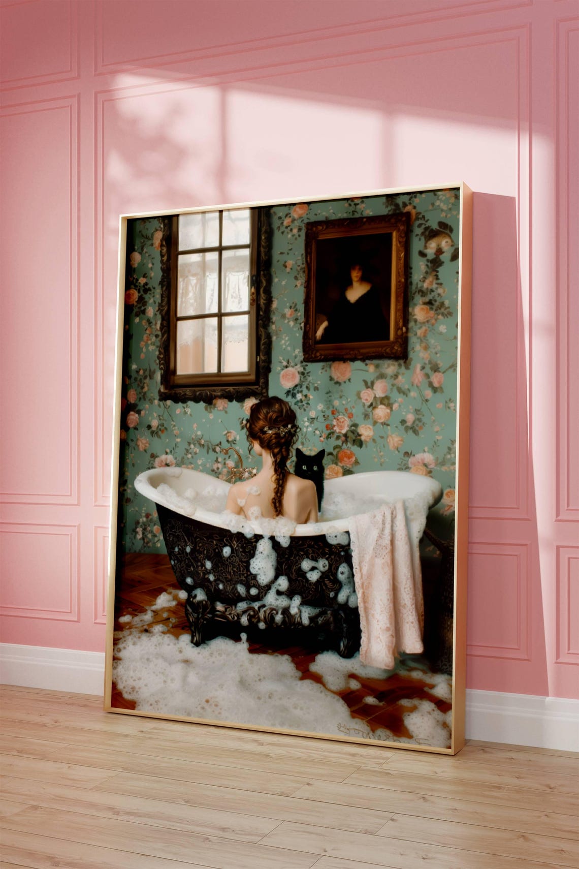 Woman in a Bubble Bath With a Black Cat Vintage Bathroom Poster - Image 6
