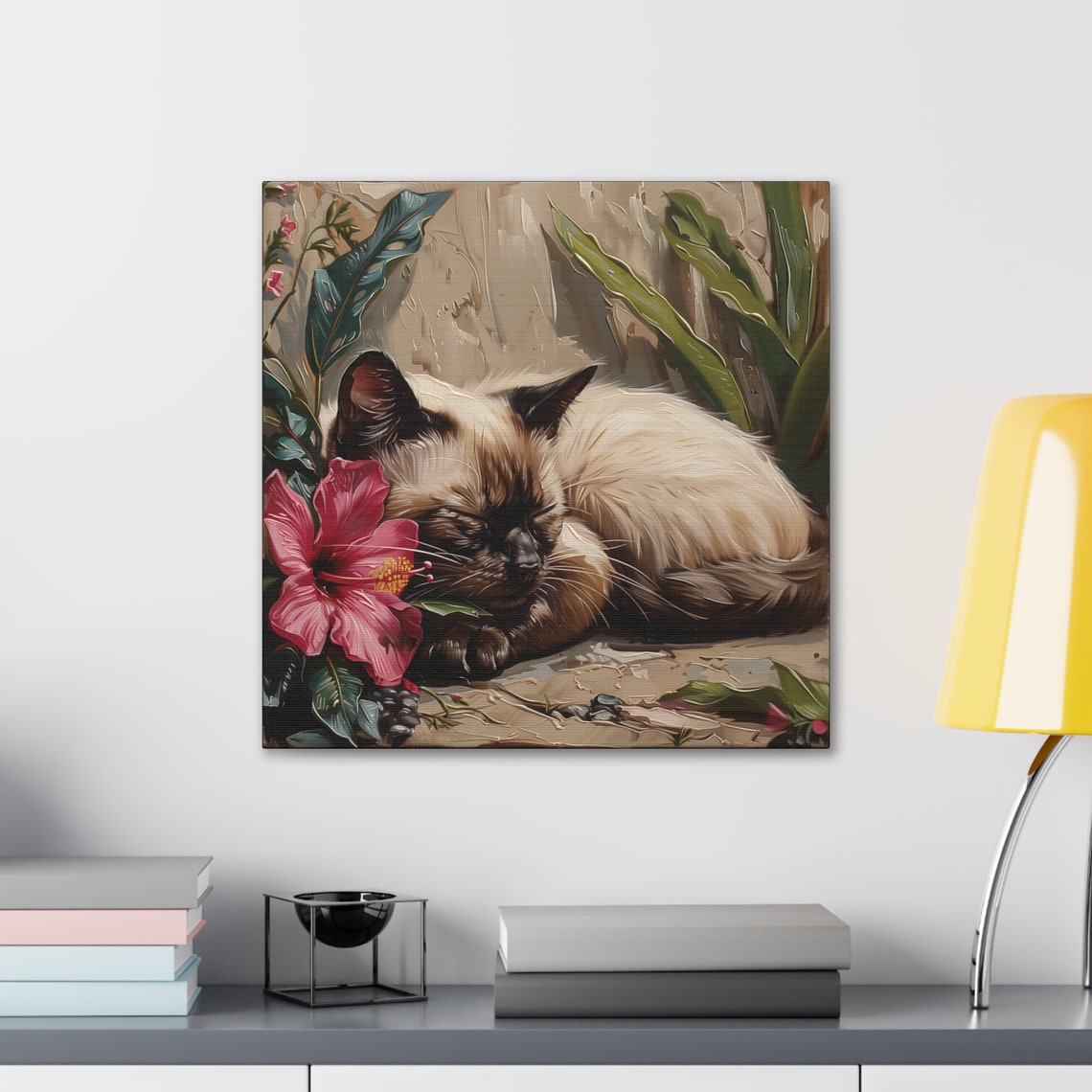 Siamese Cat Sleeping Beside Pink Hibiscus Flower Painting Poster - Image 3