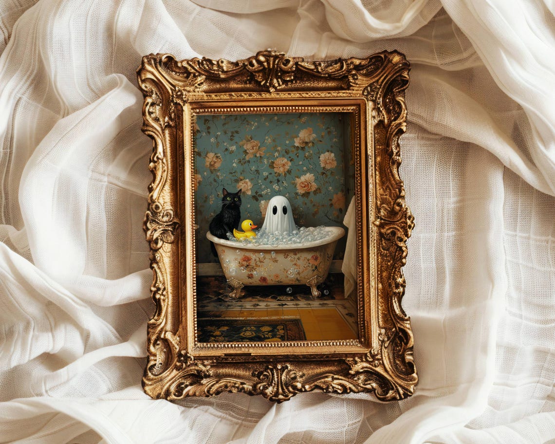 Black Cat Ghost and Rubber Duck in a Vintage Bubble Bath Poster - Image 5