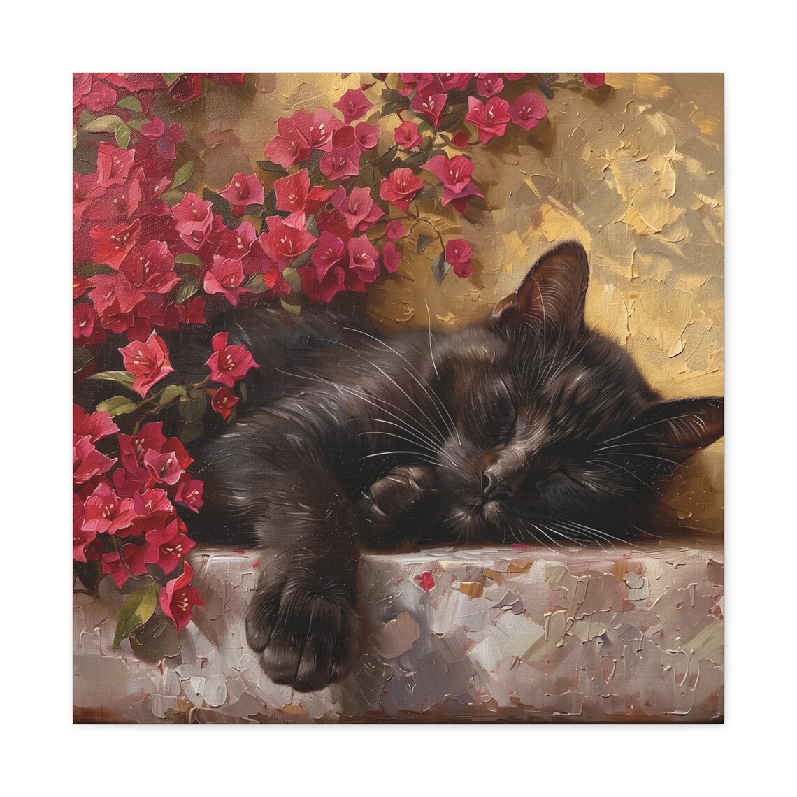 Black Cat Sleeping Among Red Bougainvillea Flowers Oil Painting Poster - Image 2