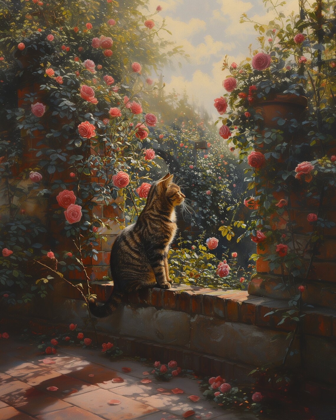 Tabby Cat on Brick Garden Wall Among Roses Golden Light Painting Poster - Image 4
