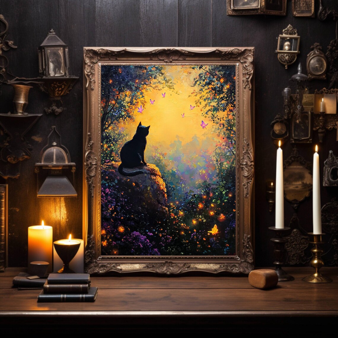 Black Cat Silhouette on a Rock in a Glowing Golden Sunset Forest Scene Poster - Image 3