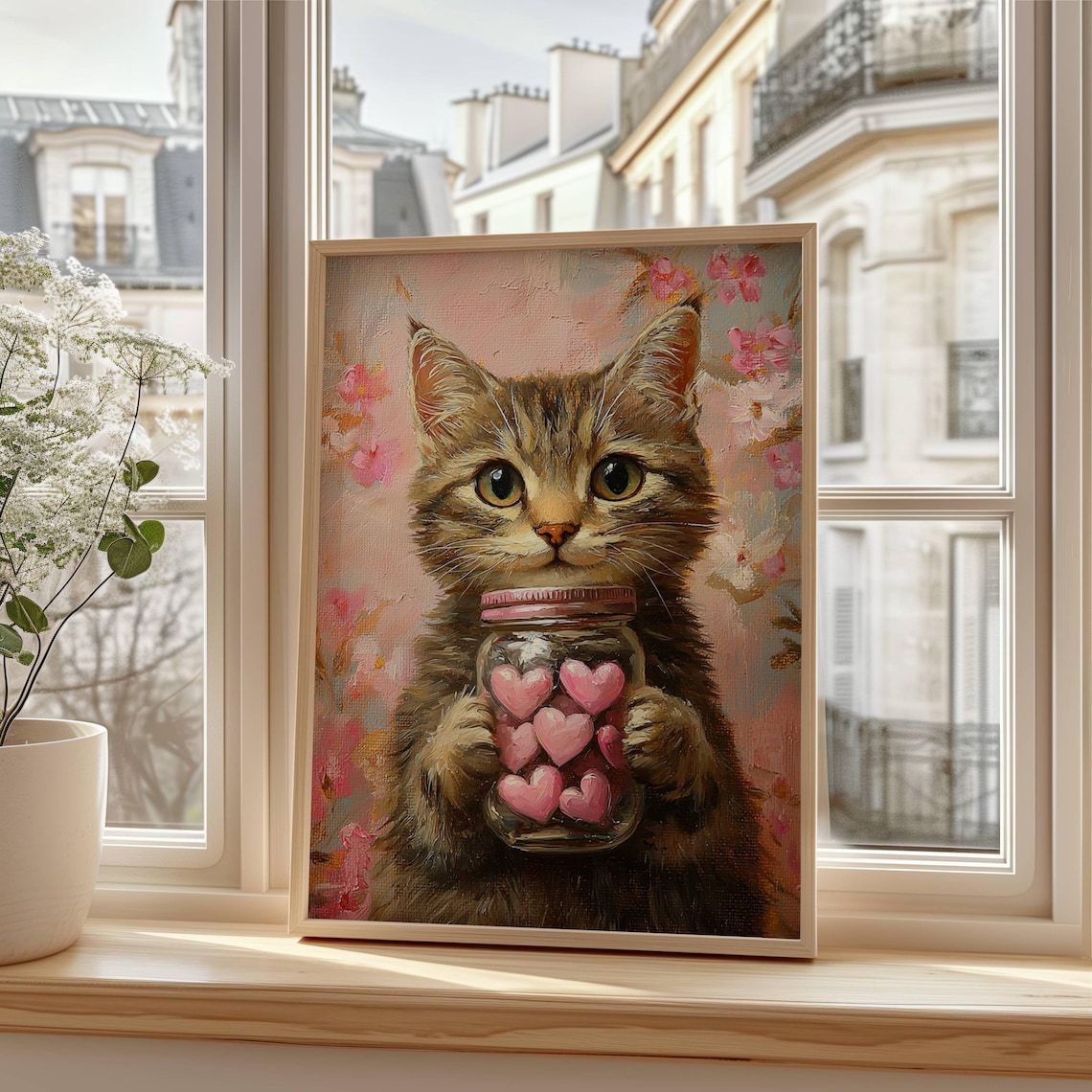 Valentines Day Tabby Cat Poster, Valentine Heart Decor