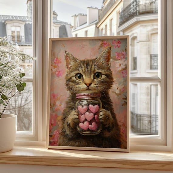 Valentines Day Tabby Cat Poster, Valentine Heart Decor