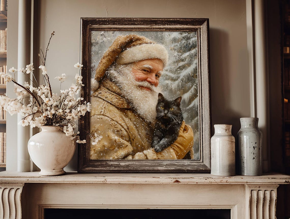 Santa Claus Gently Holding a Black Cat in a Snowy Winter Forest Poster - Image 5