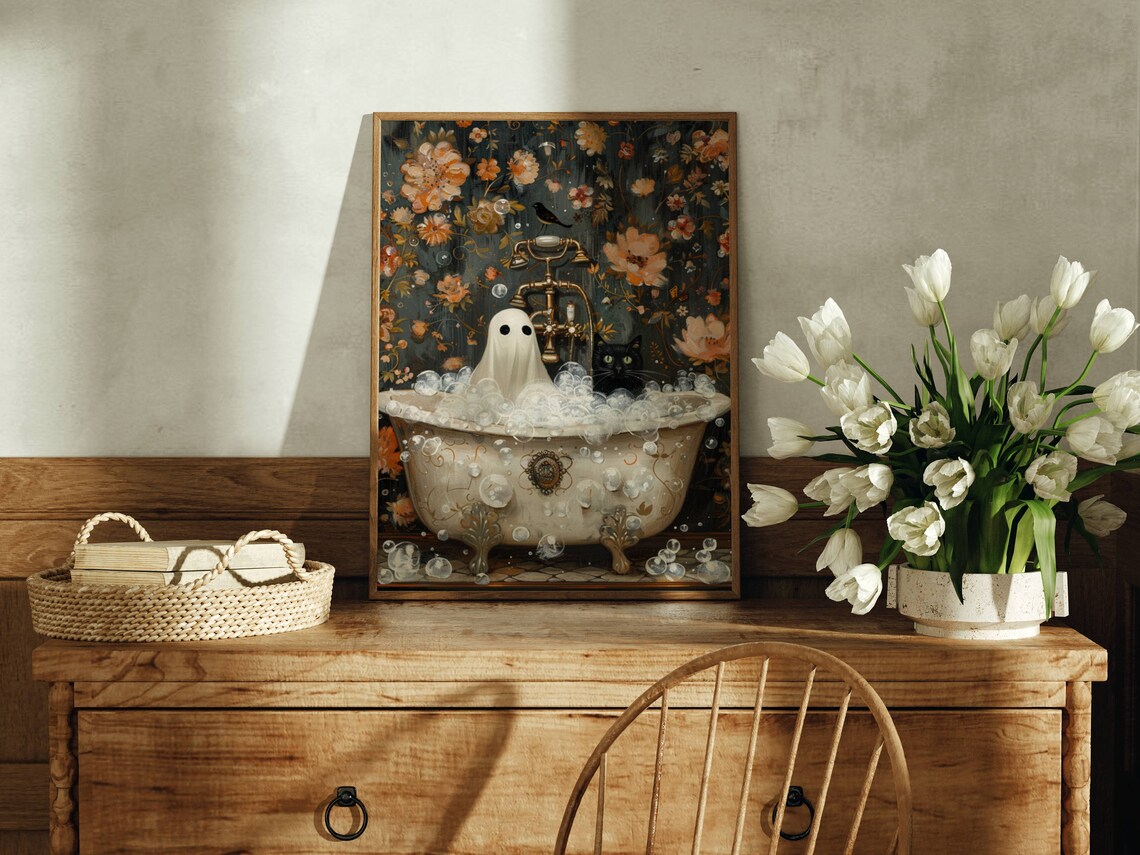 Ghost And Cat In Bathtub Halloween Poster Print - Image 3
