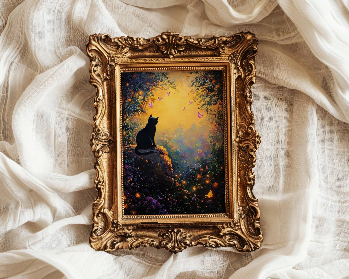 Black Cat Silhouette on a Rock in a Glowing Golden Sunset Forest Scene Poster - Image 6