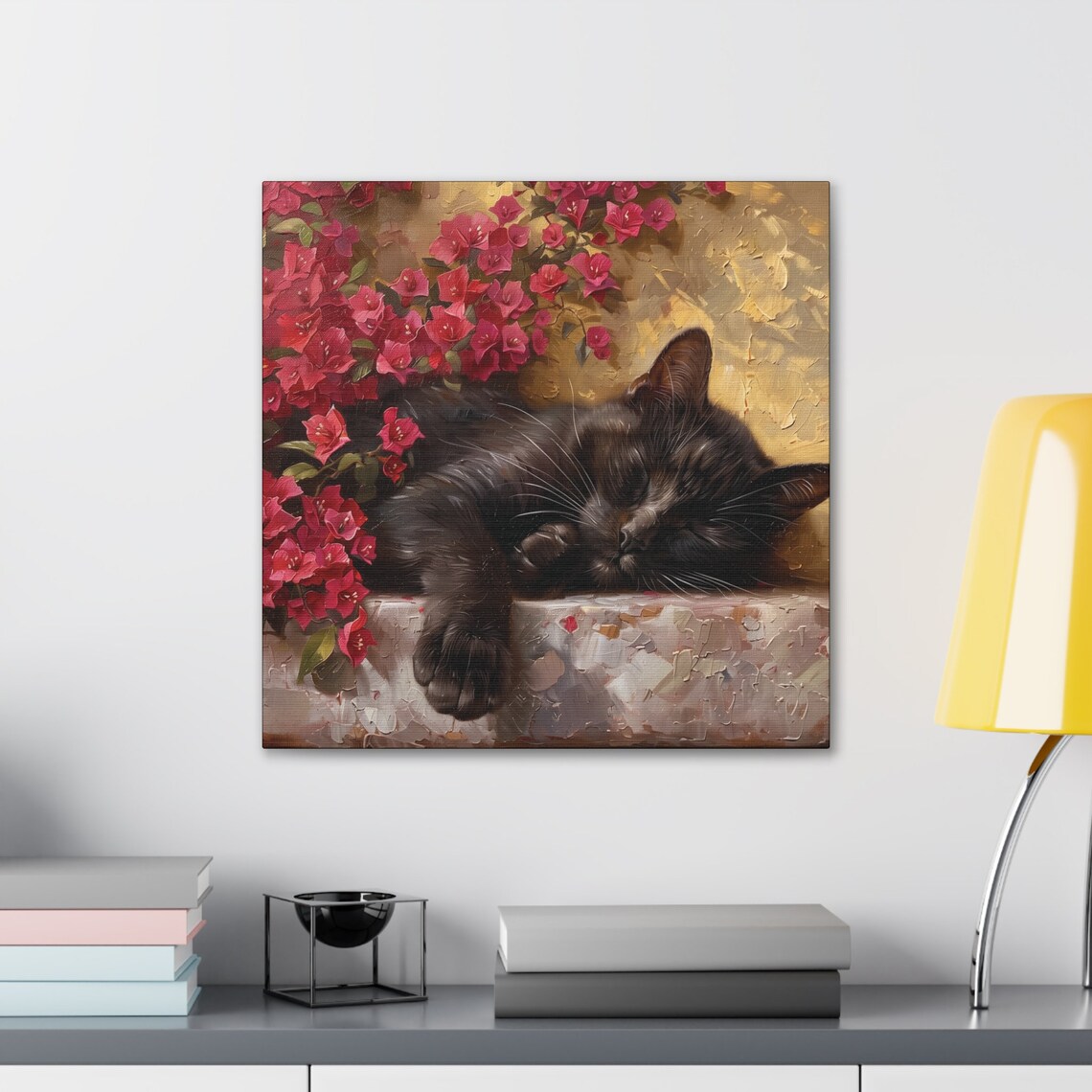 Black Cat Sleeping Among Red Bougainvillea Flowers Oil Painting Poster - Image 3