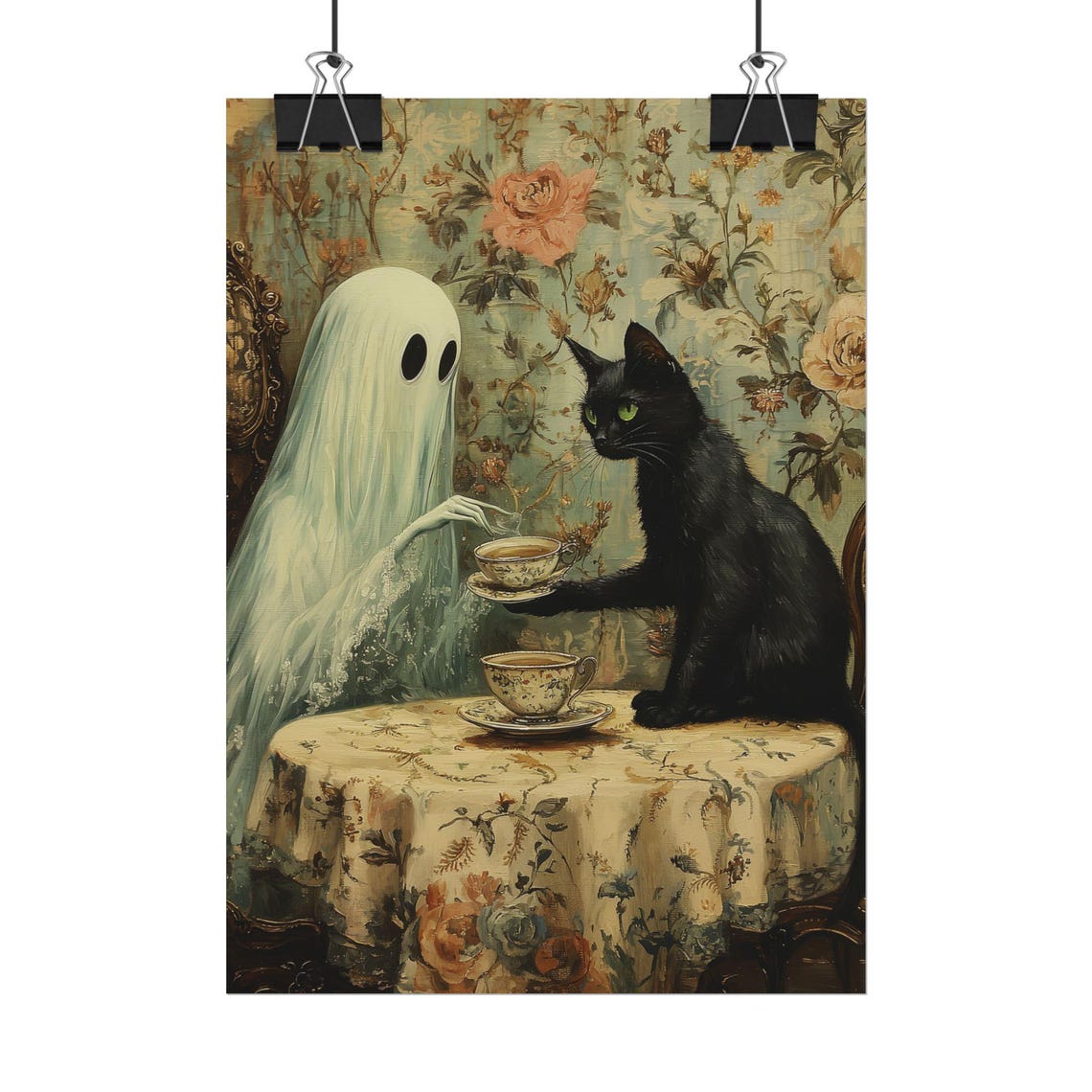 Ghost Serving Tea to a Black Cat at a Floral Covered Table Poster - Image 3