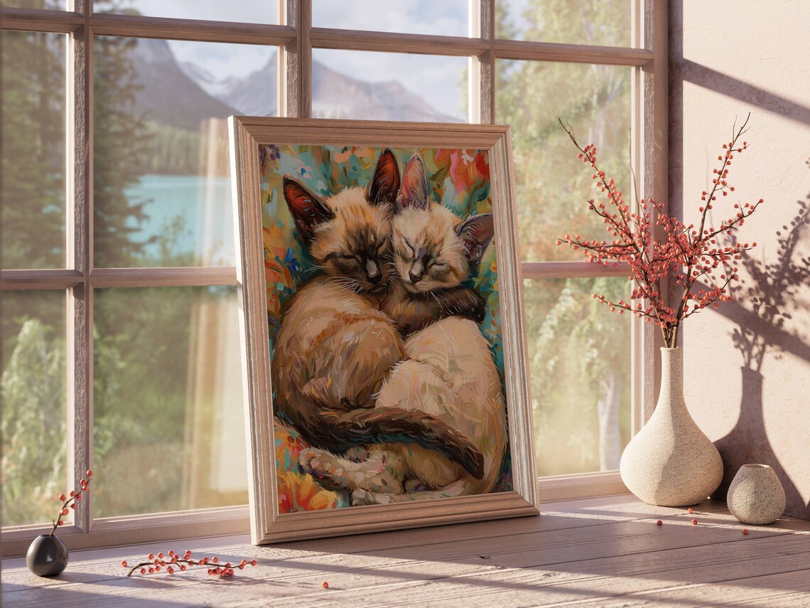 Two Sleeping Siamese Kittens Curled Up in Colorful Painterly Art Poster - Image 2