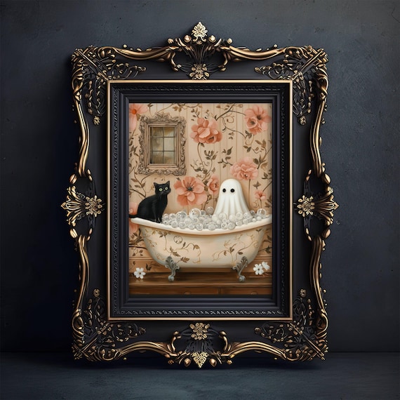 Cute Ghost and Black Cat Sharing a Floral Bubble Bath Poster