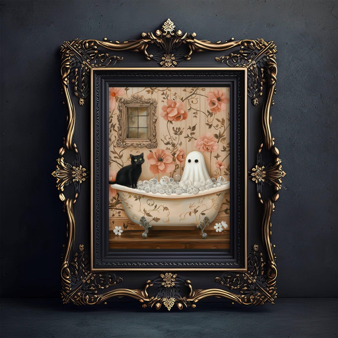 Cute Ghost and Black Cat Sharing a Floral Bubble Bath Poster