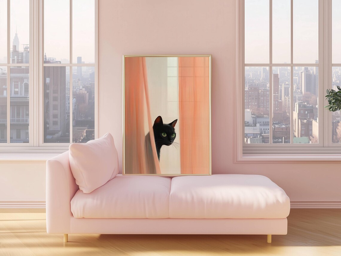 Black Cat Peeking Through Curtains, Minimalist Poster - Image 3